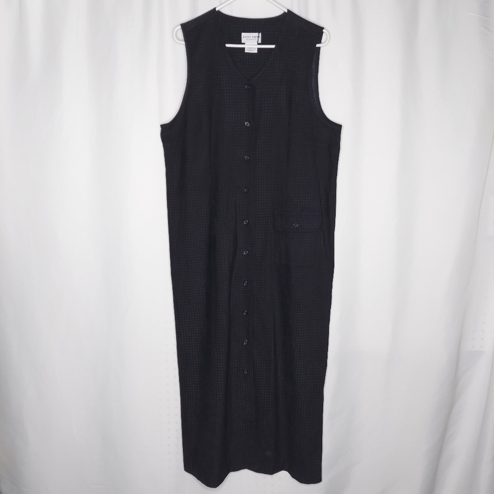 Jaclyn Smith Vtg Jumper Dress 16 Sleeveless Black Herringbone Midi Button Pocket